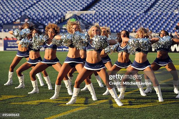 The Chesapeake Bayhawks cheerleaders perform before a MLL lacrosse game against the Ohio Machine on May 31, 2014 at Navy-Marine Corps Memorial...