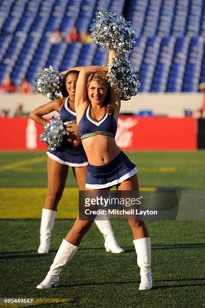 The Chesapeake Bayhawks cheerleaders perform before a MLL lacrosse game against the Ohio Machine on May 31, 2014 at Navy-Marine Corps Memorial...