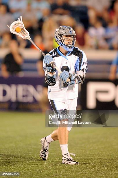 Jake Bernhardt of the Ohio Machine looks to pass the ball during a MLL lacrosse game against the Chesapeake Bayhawks on May 31, 2014 at Navy-Marine...