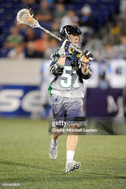 Peet Poillon of the Chesapeake Bayhawks looks to pass the ball during a MLL lacrosse game against the Ohio Machine on May 31, 2014 at Navy-Marine...