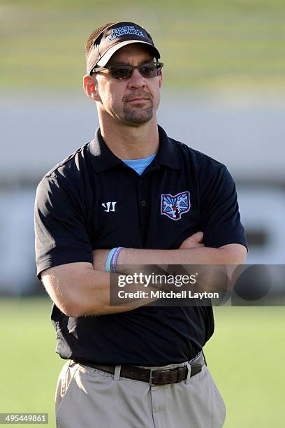 Head coach Bear Davis of the Ohio Machine looks on before a MLL lacrosse game against the Chesapeake Bayhawks on May 31, 2014 at Navy-Marine Corps...