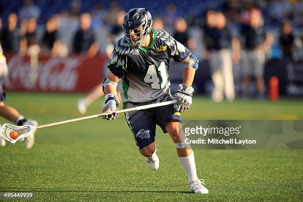 Nicky Polanco of the Chesapeake Bayhawks runs with the ball during a MLL lacrosse game against the Ohio Machine on May 31, 2014 at Navy-Marine Corps...