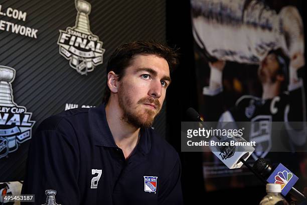 Ryan McDonagh of the New York Rangers speaks during Media Day for the 2014 NHL Stanley Cup Final at Staples Center on June 3, 2014 in Los Angeles,...