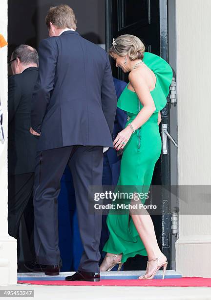 King Willem-Alexander of The Netherlands and Queen Maxima of The Netherlands arrive for dinner at the Loo Royal Palace on June 3, 2014 in Apeldoorn,...