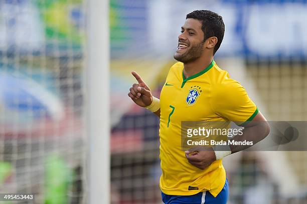 Hulk of Brazil celebrates after scoring during the International Friendly Match between Brazil and Panama at Serra Dourada Stadium on June 03, 2014...