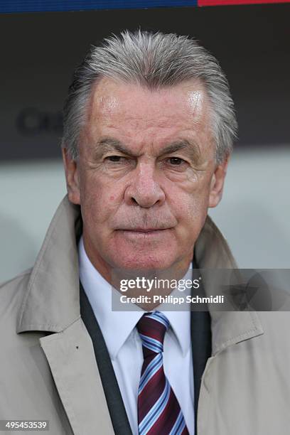 Coach Ottmar Hitzfeld of Switzerland looks during the international friendly match between Switzerland and Peru at Swissporarena on June 3, 2014 in...