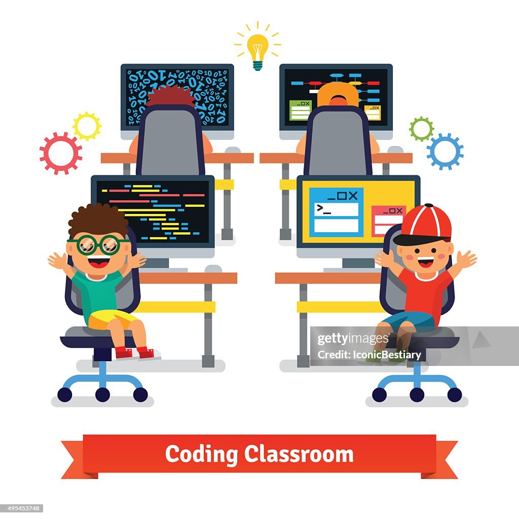 Kids Learning To Code And Program In Science Class High-Res Vector ...