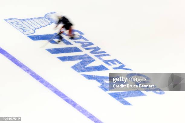 The New York Rangers skate during a practice session ahead of the 2014 NHL Stanley Cup Final at Staples Center on June 3, 2014 in Los Angeles,...
