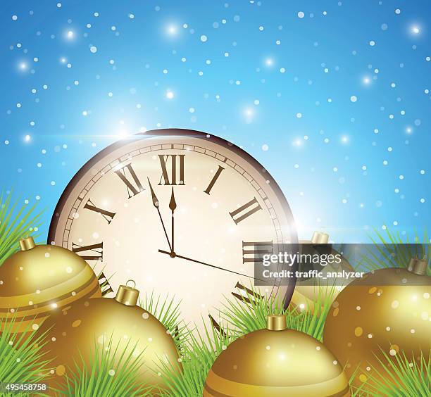 abstract christmas background - clock - sun flare trees stock illustrations
