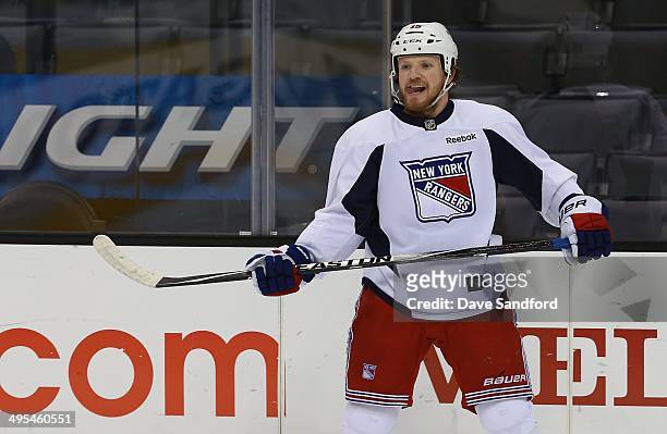 Derek Dorsett of the New York Rangers skates during a practice session ahead of Media Day for the 2014 Stanley Cup Final at Staples Center on June 3,...