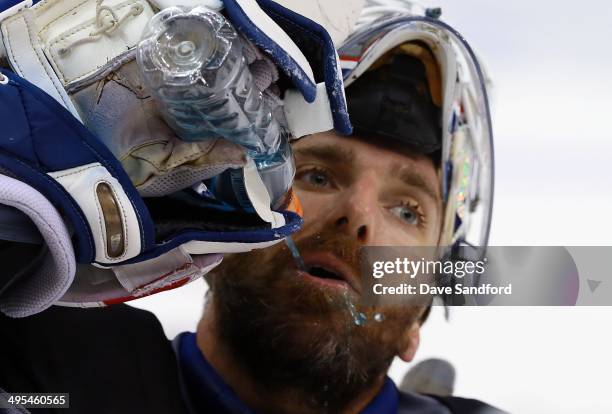 Henrik Lundqvist of the New York Rangers during a practice session ahead of Media Day for the 2014 Stanley Cup Final at Staples Center on June 3,...