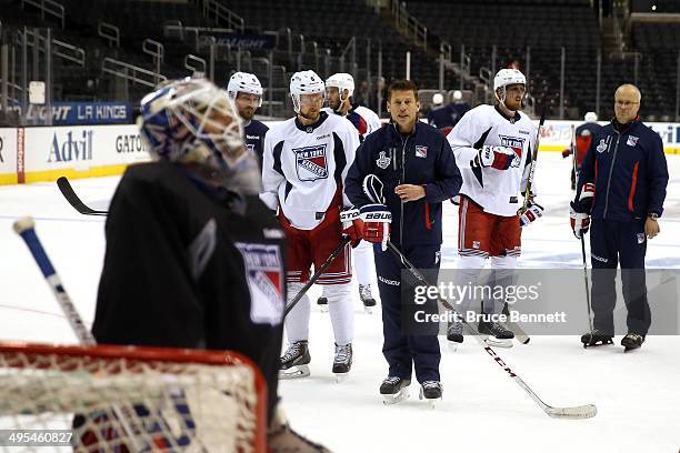 Ulf Samuelsson assistant coach of the New York Rangers speaks during a practice session ahead of the 2014 NHL Stanley Cup Final at Staples Center on...