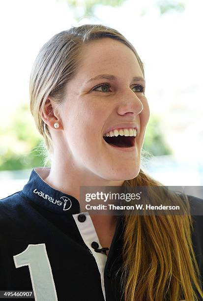 Winner of the Laureus World Sports Award for a female athlete and four-time Olympic gold medalist Missy Franklin gives gives an interview during a...