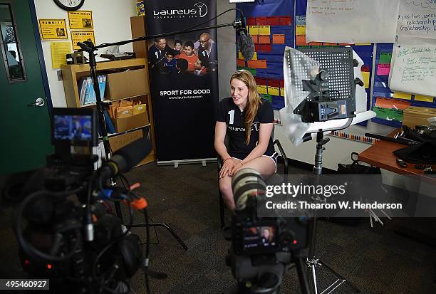 Winner of the Laureus World Sports Award for a female athlete and four-time Olympic gold medalist Missy Franklin gives gives an interview during a...