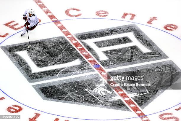 Carl Hagelin of the New York Rangers skates during a practice session ahead of the 2014 NHL Stanley Cup Final at Staples Center on June 3, 2014 in...