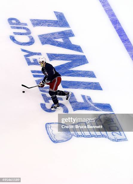 Derek Stepan of the New York Rangers speaks during a practice session ahead of the 2014 NHL Stanley Cup Final at Staples Center on June 3, 2014 in...