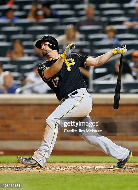 Gaby Sanchez of the Pittsburgh Pirates in action against the New York Mets at Citi Field on May 27, 2014 in the Flushing neighborhood of the Queens...