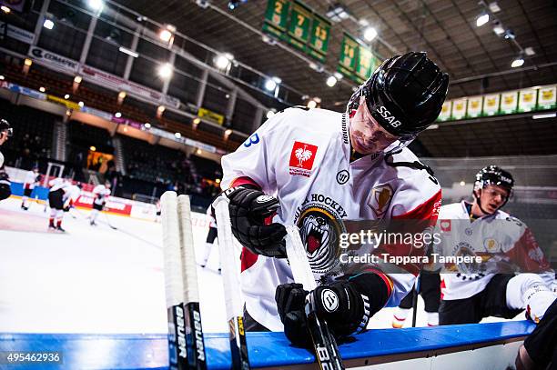 Lennart Petrell of Lulea Hockey choosing sticks during the warm ups of the Champions Hockey League round of eight game between Tappara Tampere and...