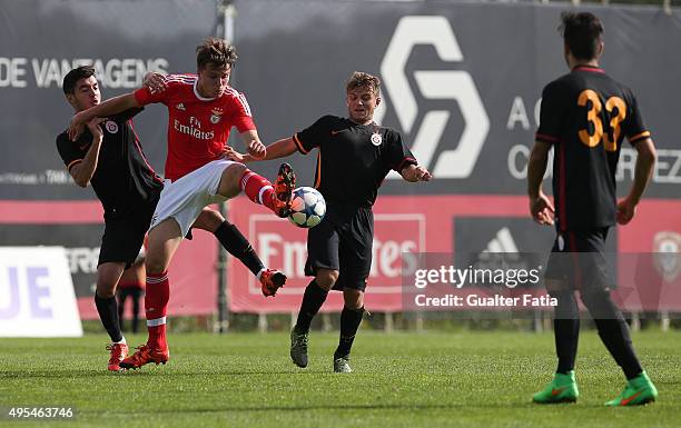 BEnfica's forward Oliver Sarkic with Galatasaray ASÕ defender Sefa Ozdemir and Galatasaray ASÕ midfielder Celil Yuksel in action during the UEFA...