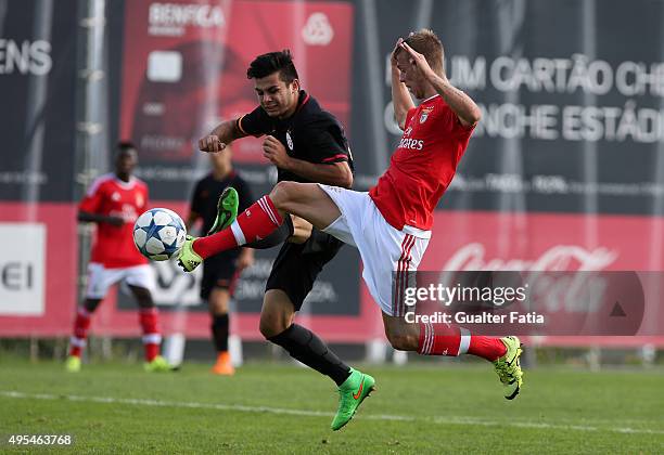 Benfica's forward Logan Martin with Galatasaray ASÕ defender Yusuf Turkmen in action during the UEFA Youth League match between SL Benfica and...