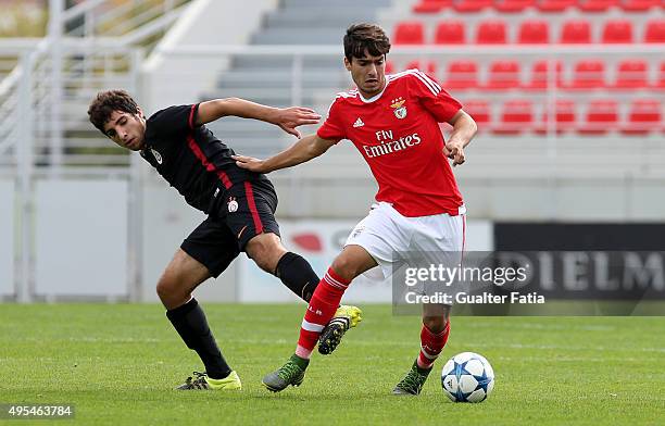 Benfica's midfielder Pedro Rodrigues with Galatasaray ASÕ midfielder Volkan Issever in action during the UEFA Youth League match between SL Benfica...