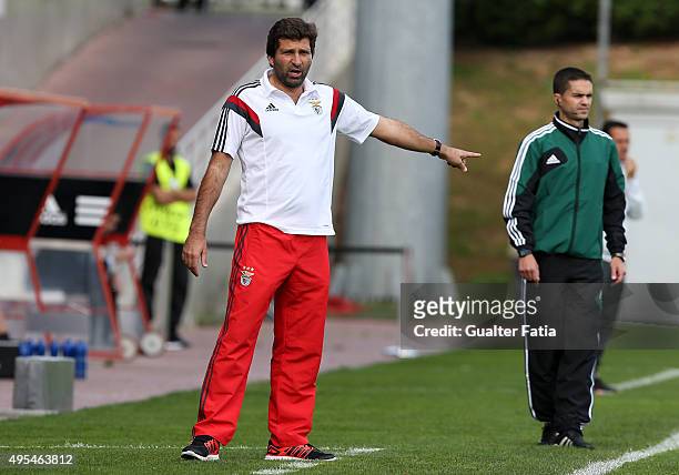 Benfica's coach Joao Tralhao in action during the UEFA Youth League match between SL Benfica and Galatasaray AS at Campo 1, Caixa Futebol Campus on...