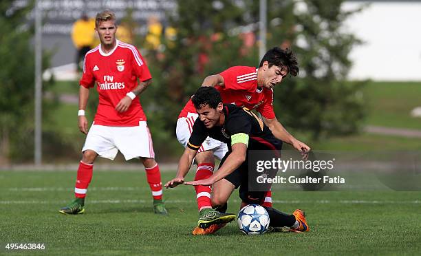 Benfica's midfielder Pedro Rodrigues with Galatasaray ASÕ midfielder Bugra Yetkin in action during the UEFA Youth League match between SL Benfica and...