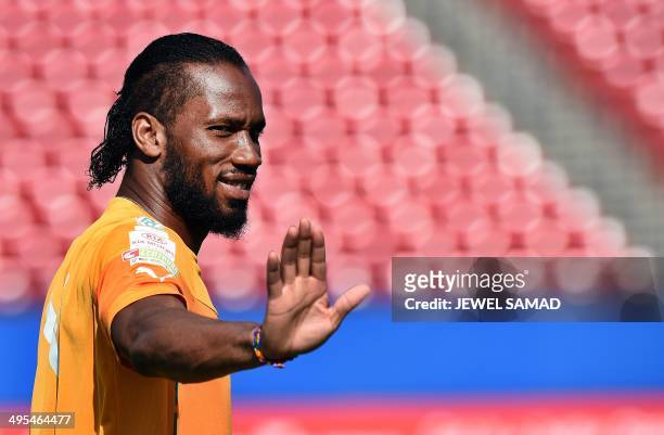 Ivory Coast's forward Didier Drogba arrives for a training session at the Toyota Stadium in Frisco, Texas, on June 3 on the eve of their World Cup...