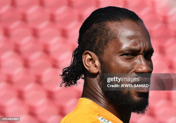 Ivory Coast's forward Didier Drogba arrives for a training session at the Toyota Stadium in Frisco, Texas, on June 3 on the eve of their World Cup...