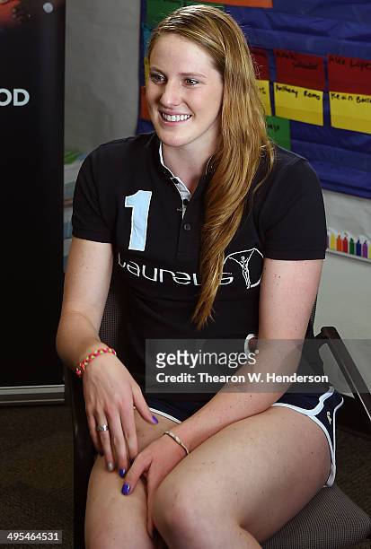 Winner of the Laureus World Sports Award for a female athlete and four-time Olympic gold medalist Missy Franklin gives gives an interview during a...