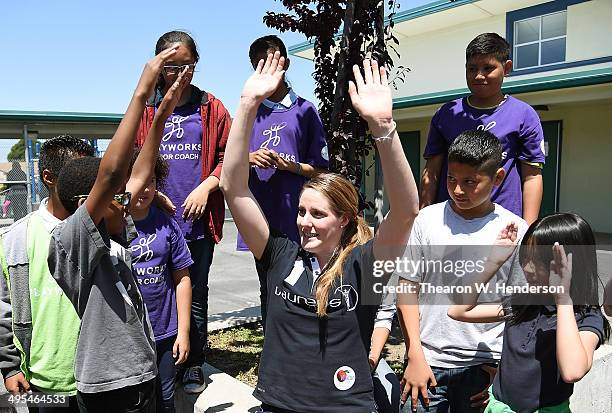 Winner of the Laureus World Sports Award for a female athlete and four-time Olympic gold medalist Missy Franklin interact with junior coaches of...