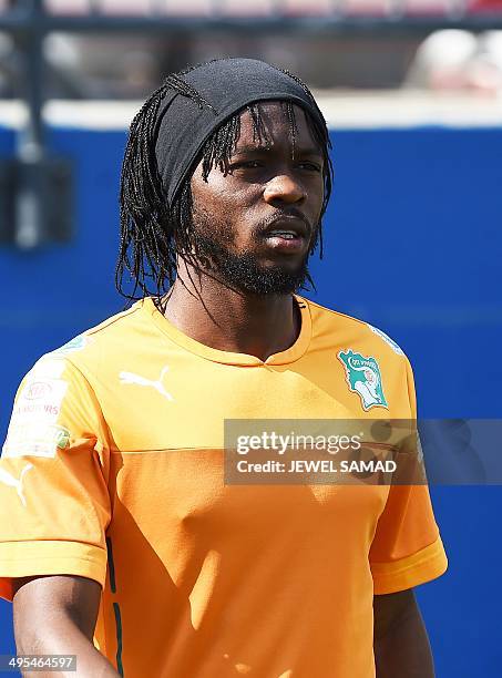Ivory Coast's forward Gervinho arrives for a training session at the Toyota Stadium in Frisco, Texas, on June 3 on the eve of their World Cup...