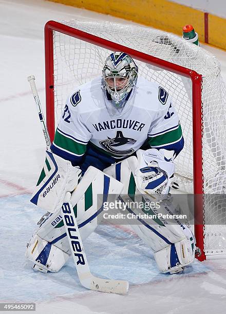 Goaltender Richard Bachman of the Vancouver Canucks in action during the NHL game against the Arizona Coyotes at Gila River Arena on October 30, 2015...