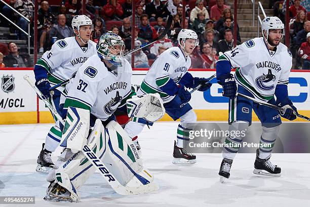 Goaltender Richard Bachman of the Vancouver Canucks in action during the NHL game against the Arizona Coyotes at Gila River Arena on October 30, 2015...