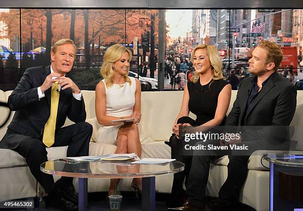 Friends co-hosts Steve Doocy, Elisabeth Hasselbeck, musician/TV personality Kellie Pickler and songwriter Kyle Jacobs visit "FOX & Friends" at FOX...