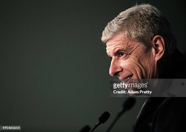 Arsene Wenger Manager of Arsenal speaks to the media during the Arsenal Press Conference at Allianz Arena on November 3, 2015 in Munich, Bavaria.