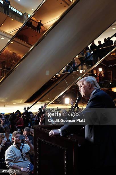 Republican presidential candidate Donald Trump speaks at a news conference before a public signing for his new book "Crippled America: How to Make...