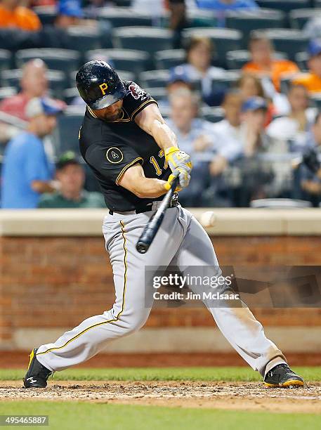 Gaby Sanchez of the Pittsburgh Pirates in action against the New York Mets at Citi Field on May 27, 2014 in the Flushing neighborhood of the Queens...