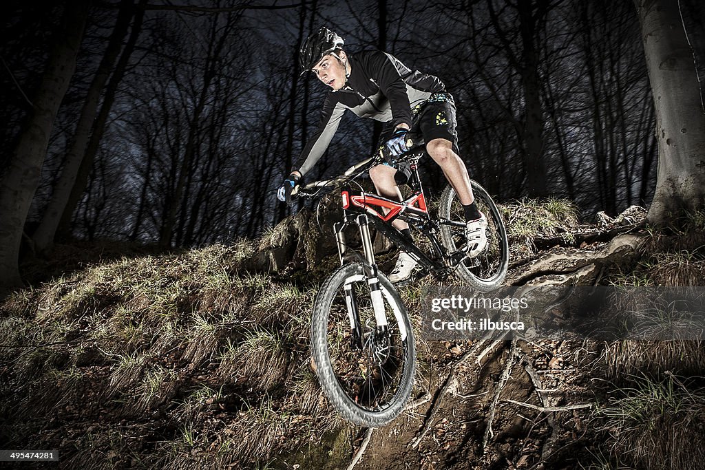 Downhill enduro mountain bike jump in the woods.