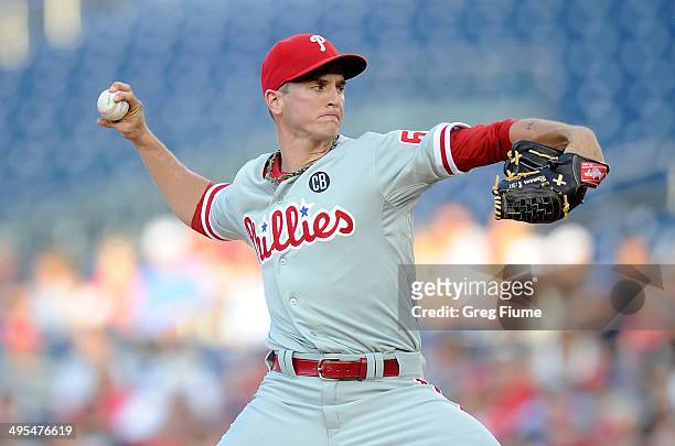 David Buchanan of the Philadelphia Phillies pitches in the first inning against the Washington Nationals at Nationals Park on June 3, 2014 in...