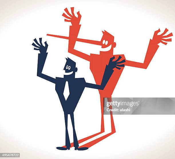 stockillustraties, clipart, cartoons en iconen met the liar concept, smiling strong businessman with long nose shadow - hypocrisy