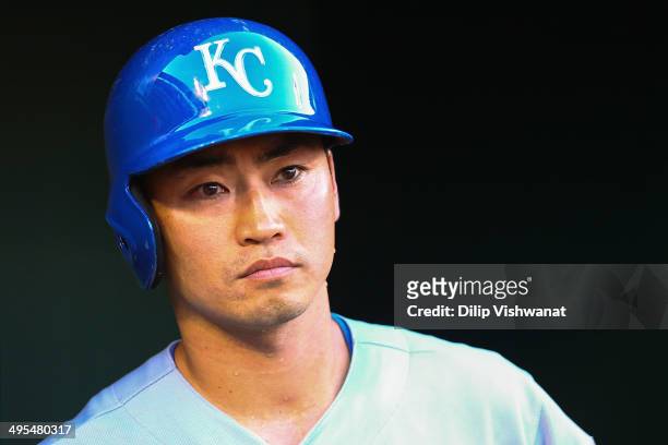 Norichika Aoki of the Kansas City Royals looks on from the dugout in the first inning against the St. Louis Cardinals at Busch Stadium on June 3,...