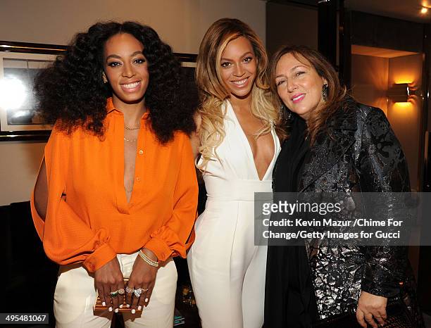 Solange Knowles, Beyonce Knowles and Lorraine Schwartz attend the CHIME FOR CHANGE One-Year Anniversary Event hosted by Gucci Creative Director Frida...
