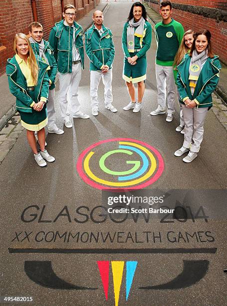 Brooke Stratton, Grant Nel, Mack Horton, Steve Moneghetti, Bianca Chatfield, Jeff Riseley, Sarah Cardwell and Belinda Hocking pose during the 2014...