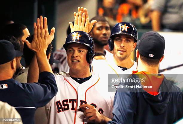 Matt Dominguez and Jason Castro of the Houston Astros are greeted in the dougout after they both scored in the third inning of their game against the...