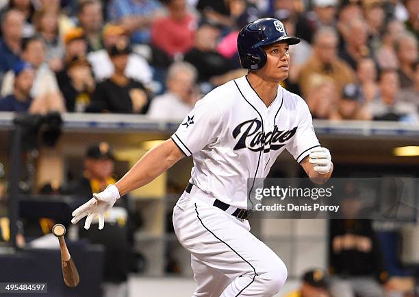 Will Venable of the San Diego Padres hits a double during the second inning of a baseball game against the Pittsburgh Pirates at Petco Park June 3,...