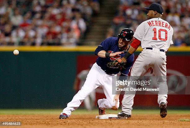 Jason Kipnis of the Cleveland Indians is safe at second with a stolen base as the throw gets past Jonathan Herrera of the Boston Red Sox during the...