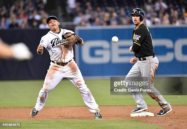 Everth Cabrera of the San Diego Padres throws to first base after getting the force out on Jordy Mercer of the Pittsburgh Pirates during the third...