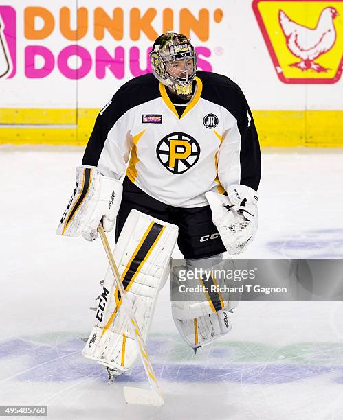 Zane McIntyre of the Providence Bruins warms up before an American Hockey League game against the Springfield Falcons at the Dunkin' Donuts Center on...