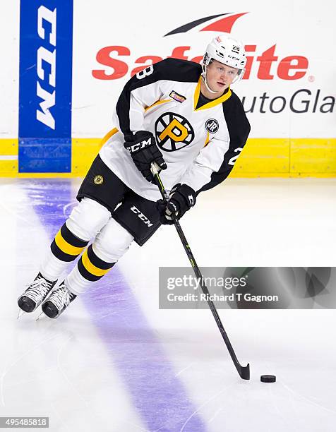 Linus Arnesson of the Providence Bruins warms up before an American Hockey League game against the Springfield Falcons at the Dunkin' Donuts Center...